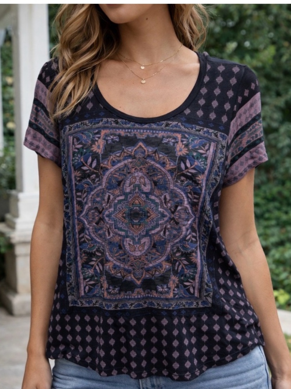 Lucky Brand Black and Lavender Medallion Print Short Sleeve Top. Size 1X
